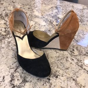 NEW Anthropologie Wedge Heel 3 tone Suade Buckle